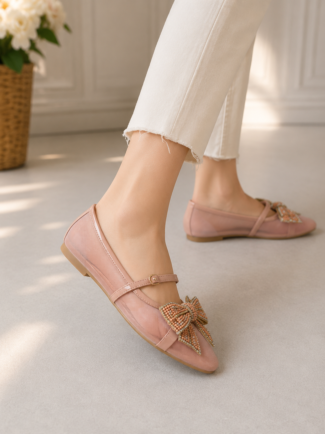 Elegant Bow Mesh & Net Women’s Ballet Flats